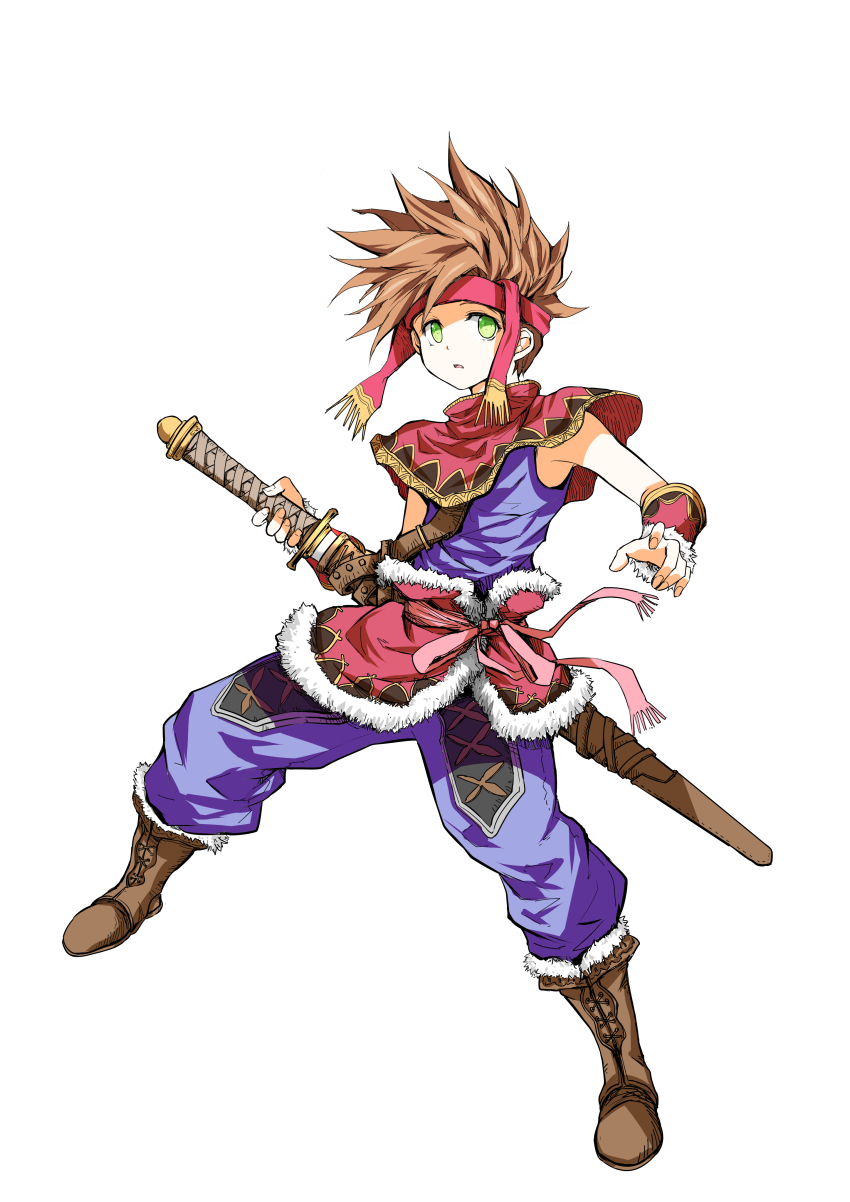 1boy absurdres bandages boots brown_boots brown_hair fingernails fur-trimmed_boots fur_trim green_eyes highres holding holding_sword holding_weapon male_focus parted_lips randi_(seiken_densetsu_2) scabbard seiken_densetsu seiken_densetsu_2 sheath shimoda_masaya simple_background solo sword unsheathing vambraces weapon white_background