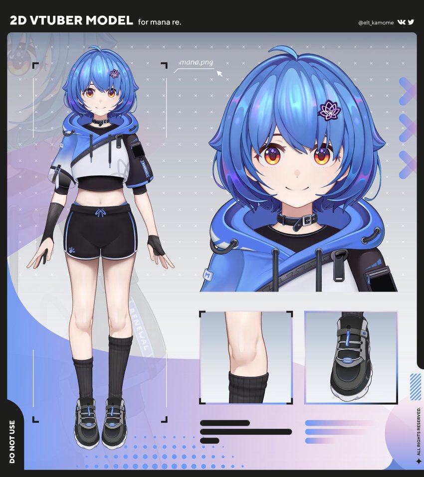 1girl absurdres ahoge artist_name asymmetrical_gloves black_choker black_collar black_shorts black_socks blue_hair blue_hoodie blue_panties character_name reference_sheet choker closed_mouth collar commentary_request cropped_hoodie cursor drawstring elt-reslenn eyebrows_hidden_by_hair fingernails gloves grey_background hair_ornament highres hood hood_down hoodie kneehighs knees looking_at_viewer loose_socks mana_renewal midriff mismatched_gloves multiple_views navel official_alternate_costume official_art orange_eyes panties panty_straps print_hoodie projected_inset ribbed_legwear russian_commentary shoes short_hair short_sleeves shorts smile socks split_mouth standing twitter_logo underwear virtual_youtuber vkontakte_logo weplanet white_hoodie zipper