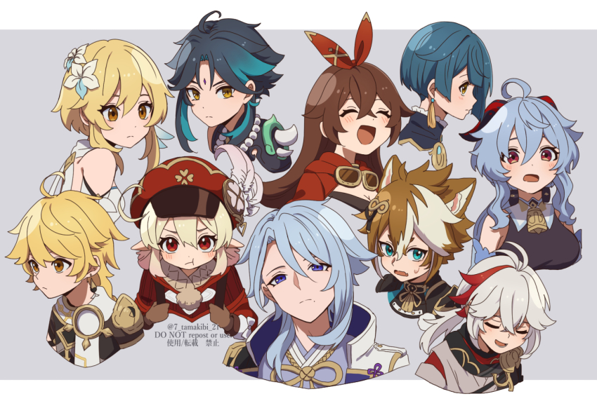 4girls 6+boys :t aether_(genshin_impact) ahoge amber_(genshin_impact) animal_ears animal_print aqua_hair bead_necklace beads black_hair black_shirt blonde_hair blue_eyes blue_hair bow breasts brown_eyes brown_gloves brown_hair newsboy_cap cleavage closed_eyes commentary_request corn_kuten cow_print cropped_shoulders dog_ears dress facial_mark feather_hair flower forehead_mark frown ganyu_(genshin_impact) genshin_impact gloves goat_horns goggles goggles_around_neck gorou_(genshin_impact) gradient_hair grey_background hair_bow hair_flower hair_ornament hat high_collar horns jacket jewelry kaedehara_kazuha kamisato_ayato klee_(genshin_impact) large_breasts letterboxed looking_at_viewer lumine_(genshin_impact) multicolored_hair multiple_boys multiple_girls necklace pointy_ears ponytail profile red_bow red_eyes red_hair red_hat red_jacket scarf serious shirt short_hair short_hair_with_long_locks simple_background sleeveless sleeveless_shirt streaked_hair watermark white_background white_dress white_flower white_hair white_jacket white_scarf xiao_(genshin_impact) xingqiu_(genshin_impact) yellow_eyes