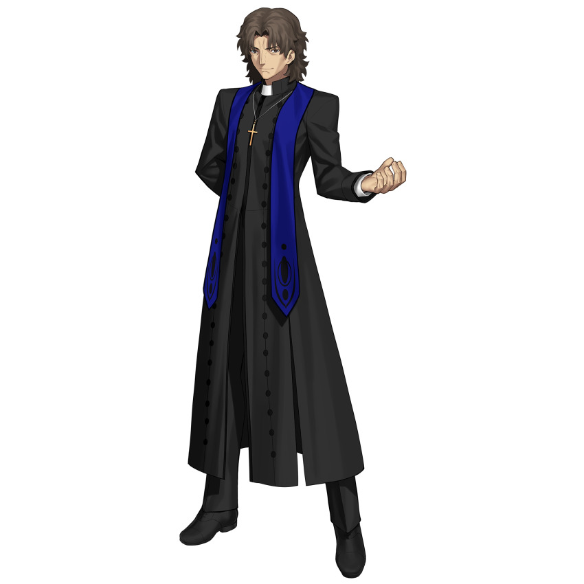 1boy arm_behind_back black_pants black_robe black_shoes brown_eyes brown_hair cassock clerical_collar cross cross_necklace fate/grand_order fate_(series) full_body game_cg hand_up highres jewelry kotomine_kirei latin_cross long_sleeves looking_at_viewer male_focus necklace official_art pants priest rasputin_(fate) robe shoes short_hair smile solo standing stole tachi-e takeuchi_takashi third-party_source transparent_background