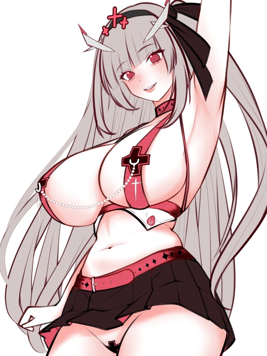 1girl aegyo_sal areola_slip arm_up armpits belt black_hairband black_skirt blunt_bangs blush breasts cowboy_shot crosscore grey_hair hairband highres huge_breasts jiang_ethan large_breasts long_hair looking_at_viewer maebari miniskirt navel open_mouth pink_belt pleated_skirt red_eyes simple_background skirt smile solo very_long_hair white_background