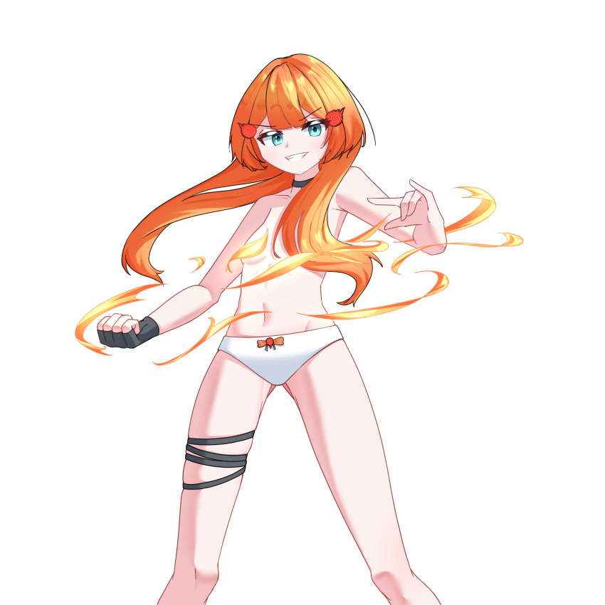 1girl blue_eyes breasts commission convenient_censoring fingerless_gloves fire flat_chest gloves hair_ornament highres looking_at_viewer miki_hitsugi orange_hair panties simple_background small_breasts smile smirk specialite_(company) specialite_en thighs topless_female underwear underwear_only virtual_youtuber white_background white_panties