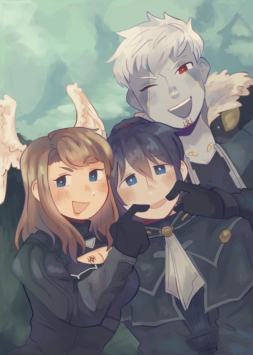 1girl 2boys :d blue_eyes breasts brown_hair cleavage clothing_cutout colored_skin eunie_(xenoblade) fingersmile forced_smile grey_skin head_wings highres hoshizora_lone lanz_(xenoblade) long_hair looking_at_viewer male_focus multiple_boys noah_(xenoblade) open_mouth ponytail red_eyes short_hair smile wings xenoblade_chronicles_(series) xenoblade_chronicles_3