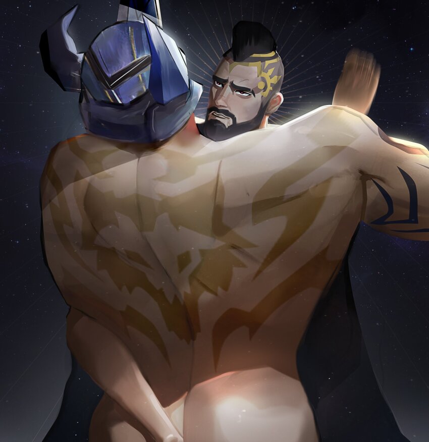 2boys ass back_tattoo bad_id bad_twitter_id bara beard brown_hair chest_hair completely_nude facial_hair fake_horns feet_out_of_frame from_behind glowing head_on_another&#039;s_shoulder helmet highres horned_helmet horns implied_anal implied_sex long_beard male_focus mature_male mohawk mordekaiser motion_blur multiple_boys muscular muscular_male mustache nude pantheon_(league_of_legends) short_hair sociopotato1 star_(symbol) star_symbol_background tattoo thick_eyebrows torogao undercut yaoi