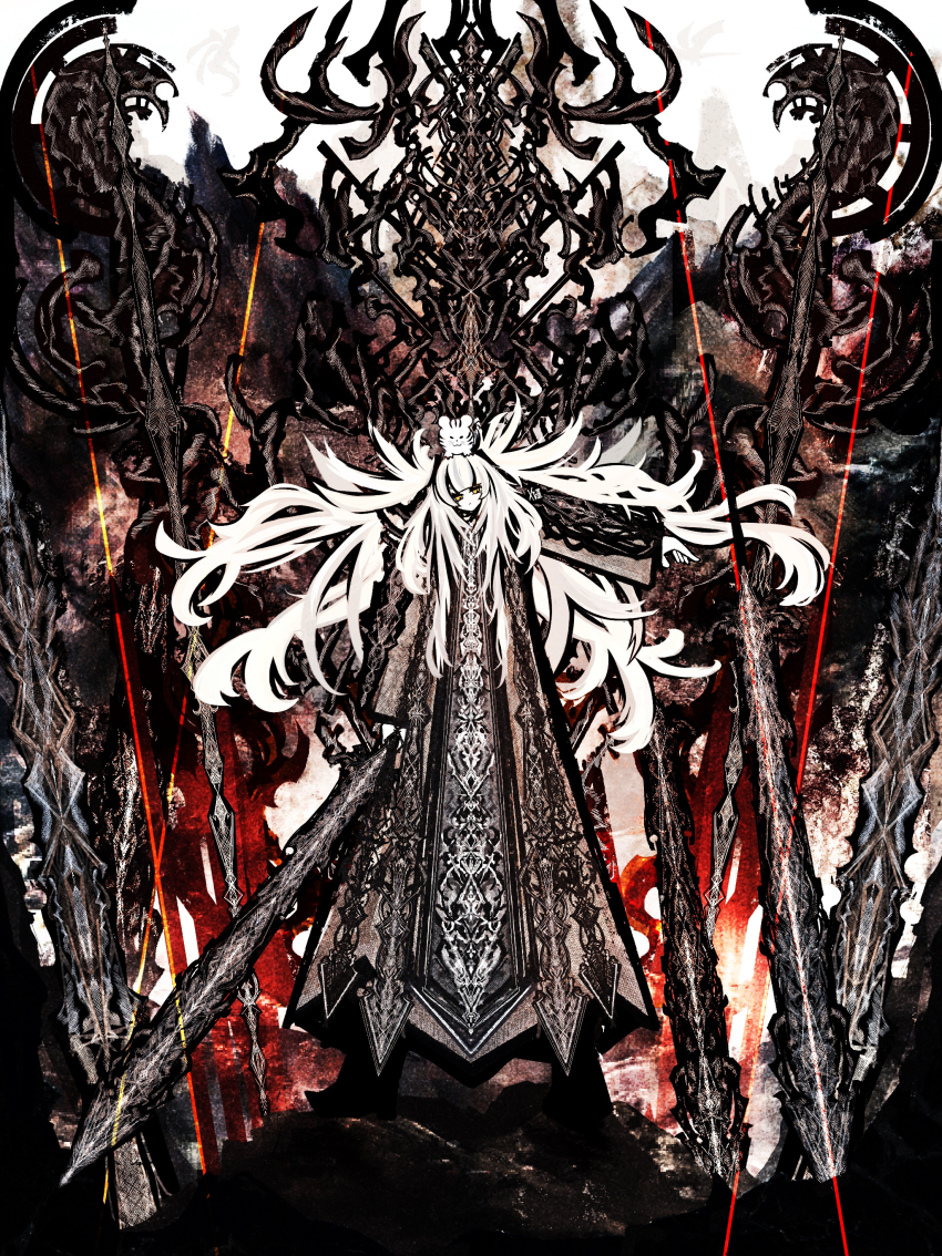 1girl absurdres animal animal_on_head dress fantasy fire full_body highres holding holding_sword holding_weapon long_hair on_head original riz_kira solo sword very_long_hair weapon white_hair