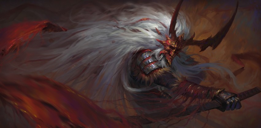 1boy armor capcom crack fur-trimmed_armor fur_trim futoshi_(tekidai) gold gold_trim holding holding_sword holding_weapon horns katana long_hair male_focus mask onimusha pauldrons scratches shoulder_armor solo sword torn_clothes vambraces very_long_hair weapon white_hair