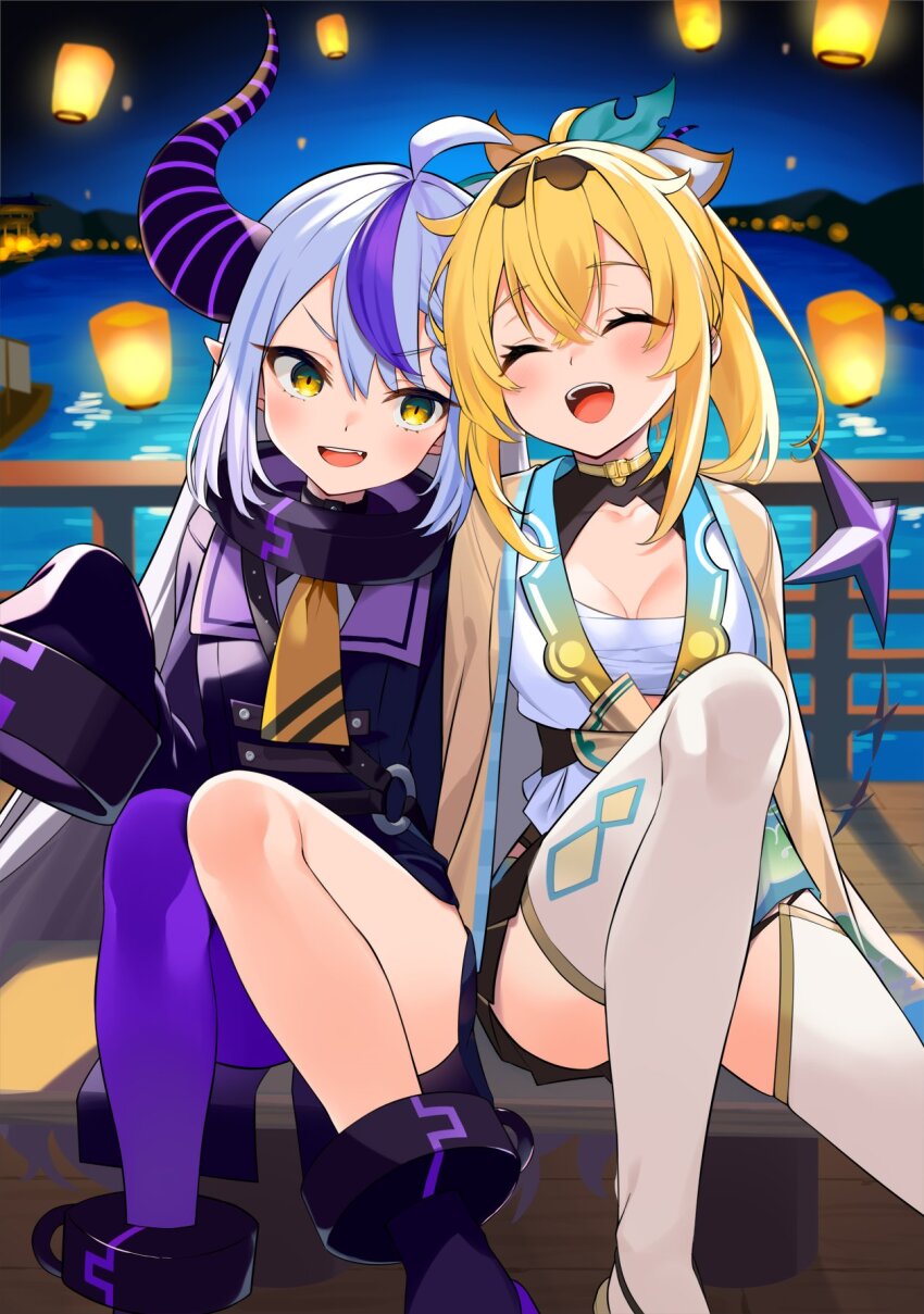 2girls :d ^_^ ahoge ankle_cuffs black_hairband black_horns black_skirt blonde_hair blurry blurry_background boots braid braided_bangs breasts buttons chest_sarashi closed_eyes coat coat_dress collar commentary_request cuffs demon_horns double-breasted double-parted_bangs dress grey_hair hairband hakama hakama_short_skirt hakama_skirt haori heads_together highres hololive horns japanese_clothes kazama_iroha kazama_iroha_(1st_costume) kimono knee_up knees_together_feet_apart knees_up kutata la+_darknesss la+_darknesss_(1st_costume) lantern long_hair long_sleeves medium_breasts medium_hair metal_collar miniskirt multicolored_hair multiple_girls neckerchief night open_mouth pantyhose paper_lantern pointy_ears ponytail purple_boots purple_coat purple_hair purple_pantyhose sarashi single_leg_pantyhose sitting skirt sky_lantern sleeves_past_fingers sleeves_past_wrists slit_pupils smile streaked_hair striped_horns tabi tail teeth thighhighs underbust upper_teeth_only v-shaped_eyebrows very_long_hair virtual_youtuber white_kimono white_thighhighs yellow_eyes yellow_haori yellow_neckerchief
