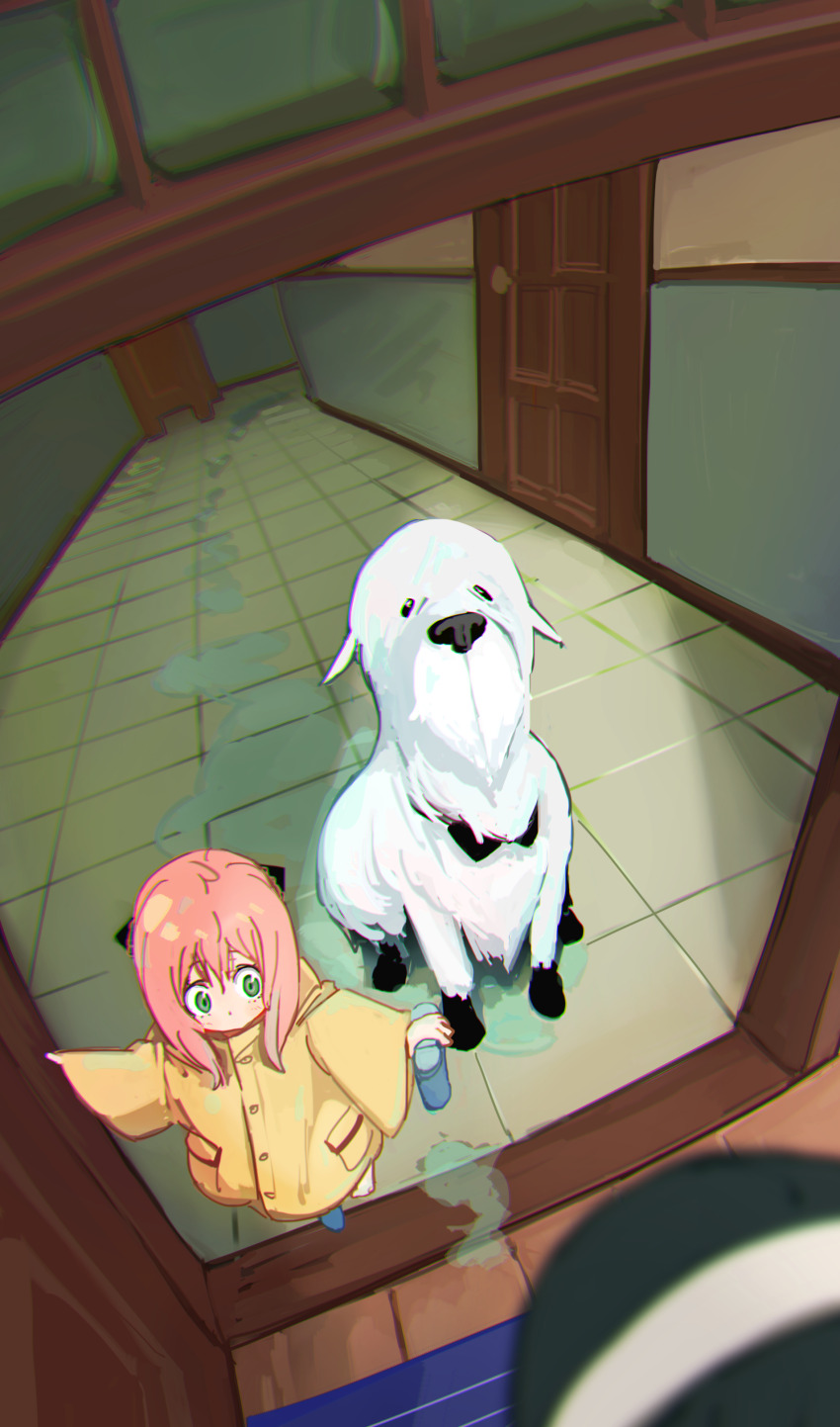 2girls absurdres ahoge animal_ears anya_(spy_x_family) arms_up barefoot black_bow black_bowtie black_eyes black_hair blue_footwear blurry bond_(spy_x_family) boots bow bowtie buttons child closed_mouth coat colored_skin commentary_request dog dog_ears dog_tail door floor green_eyes grey_hairband hair_between_eyes hair_ornament hairband hairpods hands_up higemu highres hood hooded_coat long_sleeves looking_at_another looking_to_the_side multiple_girls no_mouth open_door pet pink_hair pocket short_hair sidelocks spy_x_family standing tail water wet white_skin wide_sleeves yellow_coat yor_briar