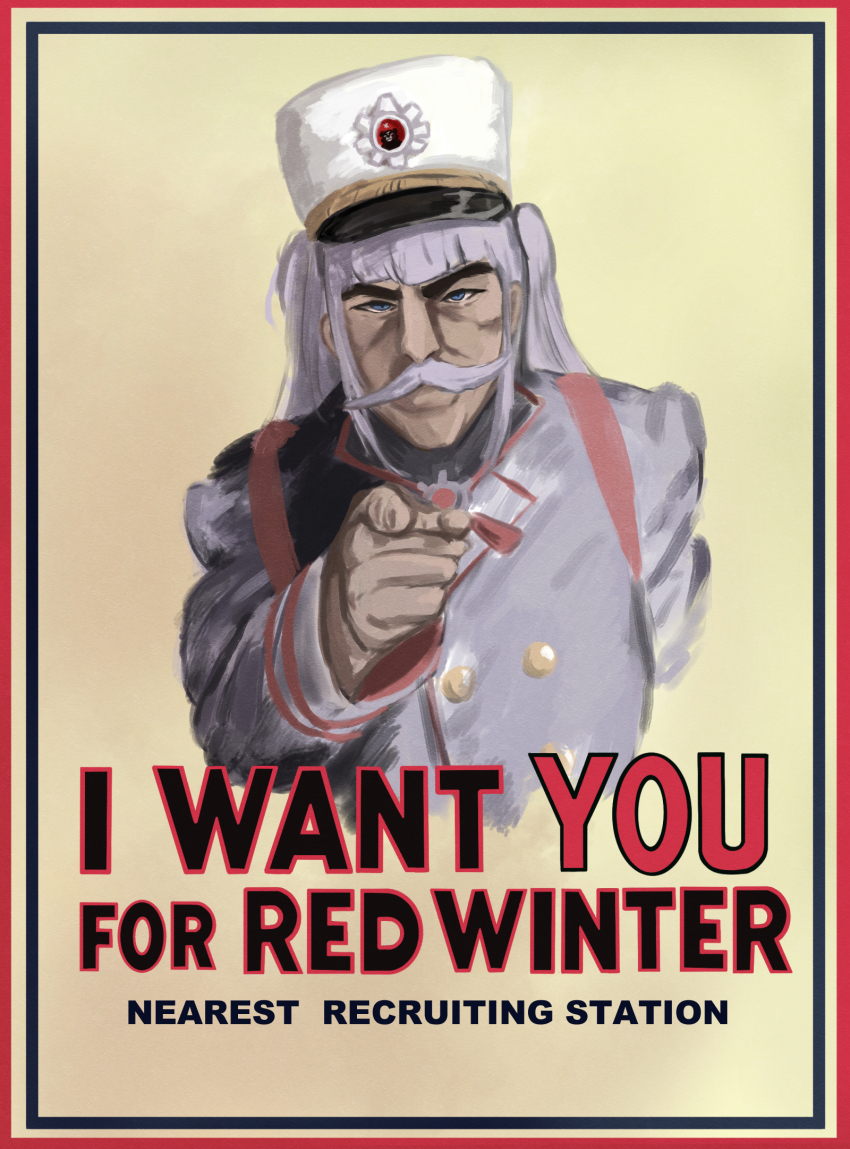 1boy blue_archive blue_eyes blunt_bangs cherino_(blue_archive) coat fake_facial_hair fake_mustache fine_art_parody genderswap genderswap_(ftm) hat highres i_want_you looking_at_viewer parody pointing pointing_at_viewer poster_parody shako_cap thick_eyebrows translation_request two_side_up tyamurai33 upper_body white_coat white_hair white_headwear