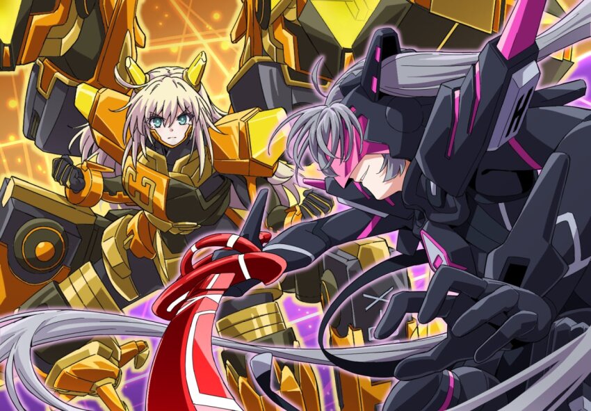 2girls blonde_hair bodysuit duel_monster green_eyes grey_hair holding holding_sword holding_weapon long_hair mecha_musume mechanical_arms mechanical_legs multiple_girls official_art sky_striker_ace_-_kaina sky_striker_ace_-_raye sky_striker_ace_-_roze smile sword wakoudo weapon yu-gi-oh! yu-gi-oh!_master_duel