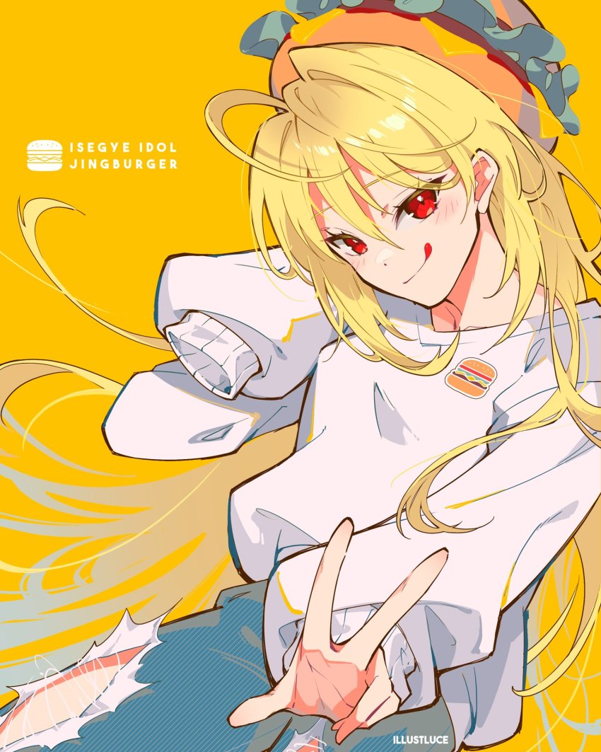 1girl blonde_hair blush highres illustluce jingburger long_hair long_sleeves looking_at_viewer pale_skin pants red_eyes shirt solo tongue tongue_out virtual_youtuber waktaverse white_shirt yellow_background