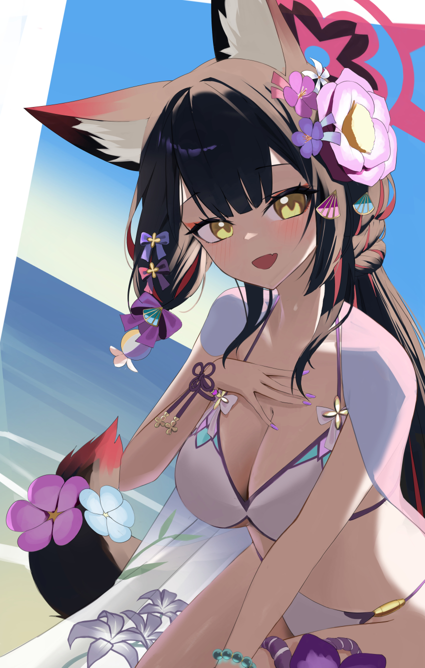 1girl absurdres animal_ears bikini black_hair blue_archive blue_flower blush bow breasts cleavage floral_print flower fox_ears fox_girl fox_tail hair_between_eyes hair_bow hair_flower hair_ornament hand_on_own_chest highres large_breasts long_hair looking_at_viewer ocean open_mouth purple_bow purple_flower shirt shirt_on_shoulders sidelocks swimsuit tail tail_flower tail_ornament vam wakamo_(blue_archive) wakamo_(swimsuit)_(blue_archive) white_bikini white_shirt yellow_eyes