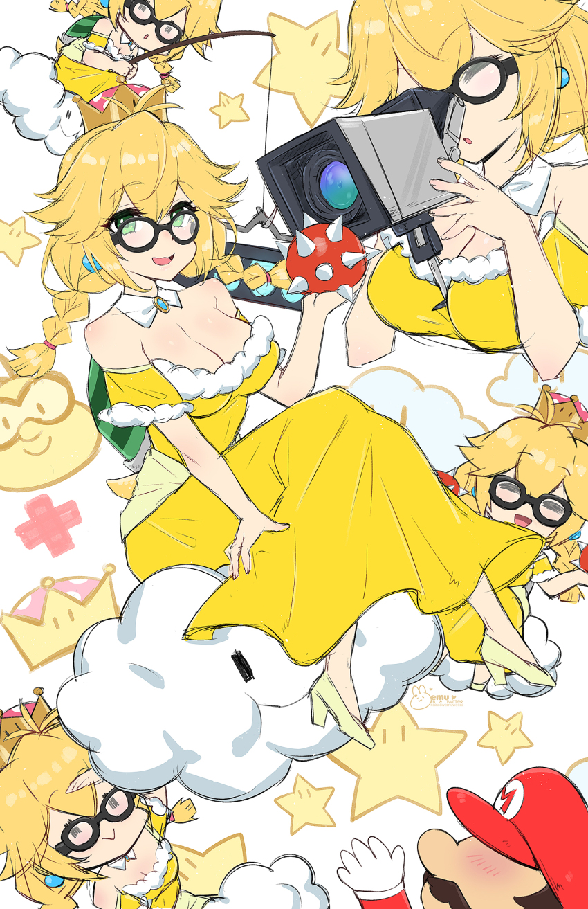 1boy 1girl artist_name bare_shoulders black-framed_eyewear blonde_hair braid breasts camera cleavage cloud dress earrings emu_(confisery) facial_hair fishing_rod fur_trim glasses green_eyes hair_between_eyes hand_up hat heart high_heels highres holding holding_camera holding_fishing_rod jewelry lakitu large_breasts long_hair mario mario_(series) movie_camera mustache new_super_mario_bros._u_deluxe nintendo off-shoulder_dress off_shoulder on_cloud open_mouth personification red_hat shoes sitting smile spiny_egg star_(symbol) super_crown turtle_shell twin_braids upper_body white_background yellow_dress yellow_shoes