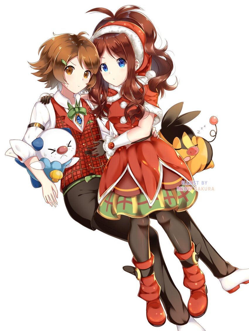 1boy 1girl ahoge antenna_hair blue_eyes boots brown_gloves brown_hair cosplay gen_5_pokemon gloves hand_on_another&#039;s_shoulder highres hilbert_(pokemon) hilda_(pokemon) nintendo official_alternate_costume oshawott pokemon pokemon_(creature) pokemon_bw pokemon_masters_ex ponytail red_boots rosa_(holiday_2019)_(pokemon) rosa_(pokemon) rosa_(pokemon)_(cosplay) siebold_(holiday_2019)_(pokemon) siebold_(pokemon) siebold_(pokemon)_(cosplay) simple_background sitting sitting_on_lap sitting_on_person snowsakurachan tepig white_background white_footwear