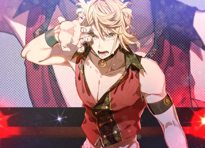 1boy armlet blonde_hair choker collarbone gyuunyuu_(mashika) headset highres idol idol_clothes jewelry male_focus musical_touken_ranbu nansen_ichimonji open_mouth pectoral_cleavage pectorals screen solo sweat touken_ranbu upper_body yellow_eyes