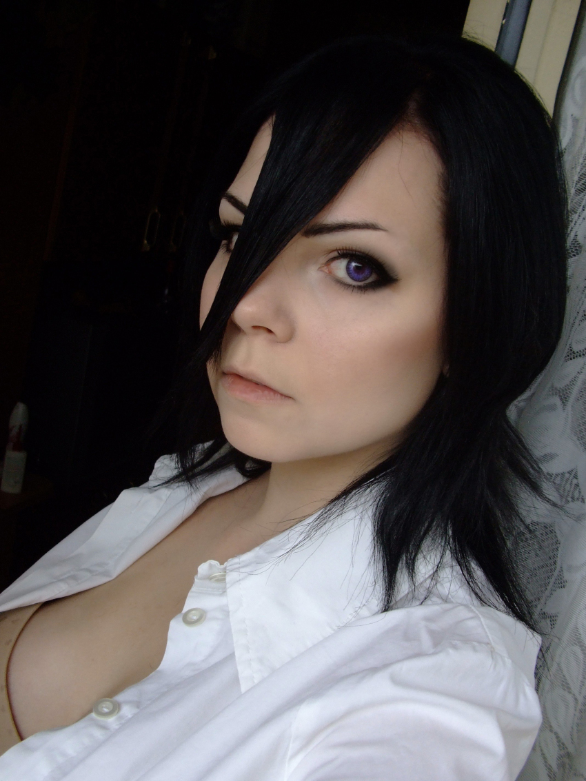 1girl absurdres black_hair bleach collared_shirt color_contacts cosplay cosplay_photo dress_shirt female_focus hair_between_eyes highres kuchiki_rukia kuchiki_rukia_(cosplay) photo_(medium) purple_eyes shirt solo white_shirt