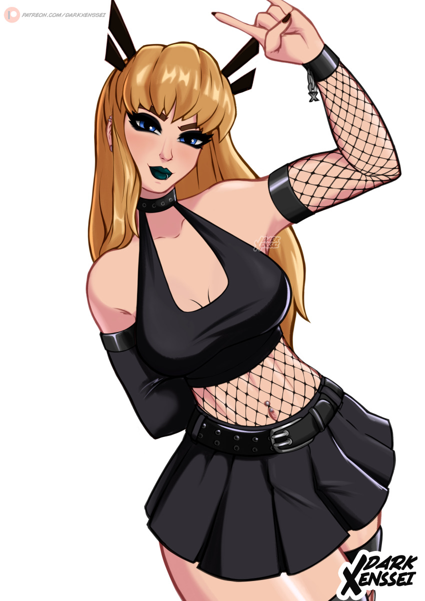 absurdres blonde_hair breasts darkxenssei fishnet_pantyhose fishnet_thighhighs fishnets highres magik_(x-men) marvel marvel_rivals original pantyhose skirt thighhighs thighs