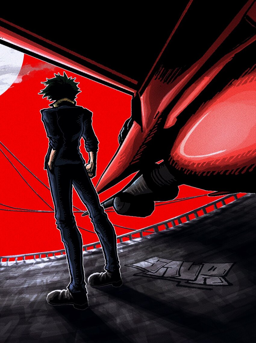 1boy black_footwear cable cowboy_bebop graffiti hand_in_pocket highres messy_hair moon red_sky shirt sky solo spike_spiegel spiked_hair standing swordfish_ii thatdudesaur yellow_shirt