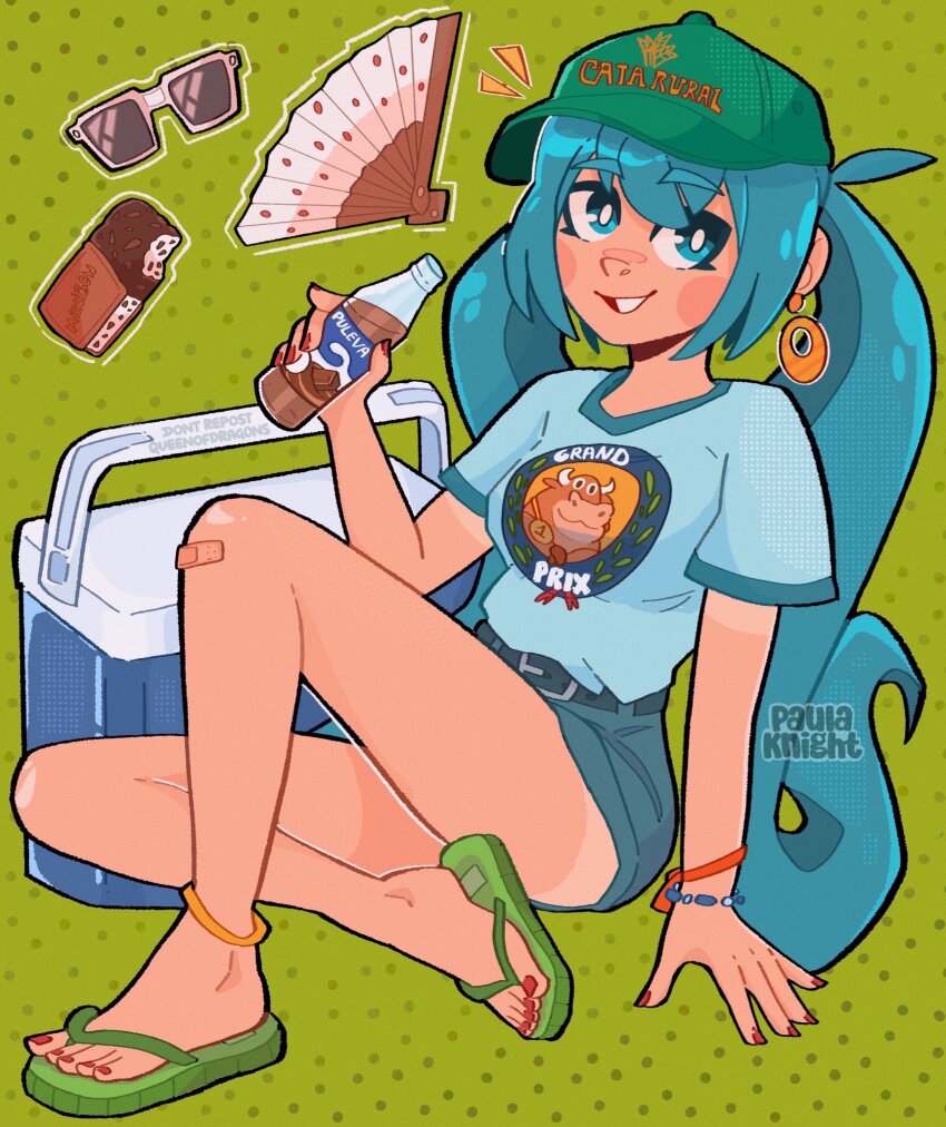 1girl blue_eyes blue_hair blue_shorts bottle bracelet commentary cooler english_commentary flip-flops folding_fan food green_background green_hat hand_fan hat hatsune_miku highres holding holding_bottle ice_cream ice_cream_sandwich jewelry long_hair nestle parted_lips paula_knight puleva sandals shirt shorts simple_background sitting smile solo sunglasses tan tanline twintails very_long_hair vocaloid white_shirt worldwide_miku