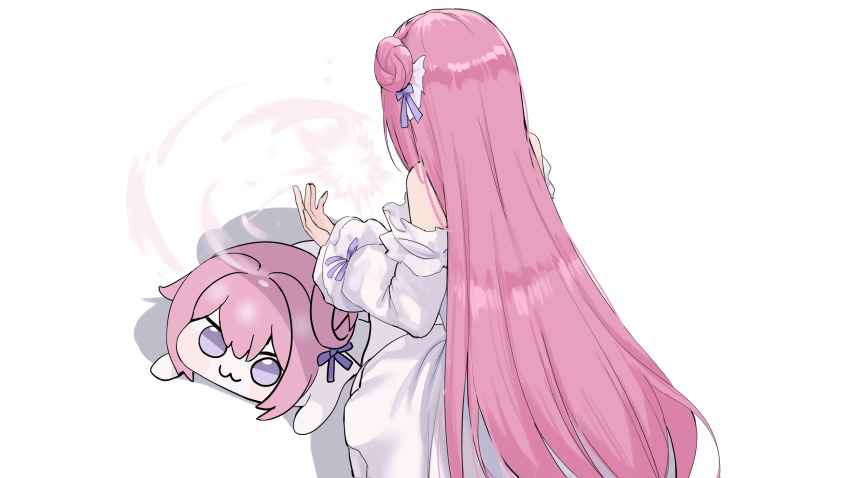 1girl :3 bare_shoulders doro_(nikke) dorothy_(nikke) dress from_behind goddess_of_victory:_nikke hair_bun hair_ribbon highres kurone_rinka long_hair long_sleeves pink_hair purple_ribbon ribbon simple_background single_side_bun white_background white_dress white_ribbon