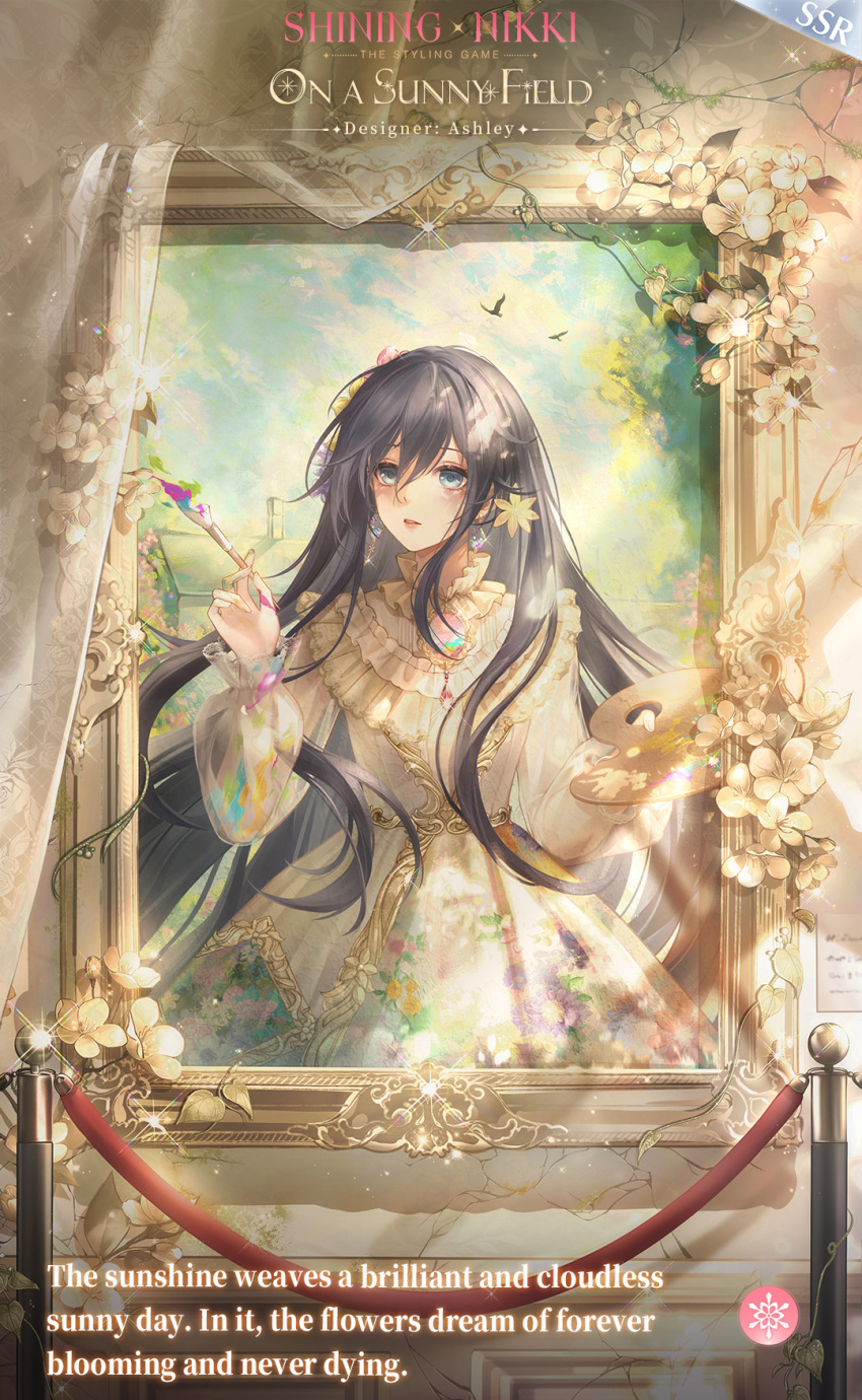 1girl artist_request ashley_(shining_nikki) blue_eyes blue_sky burn_scar character_name cloud collared_dress copyright_name cowboy_shot curtains dress english_text expressionless floral_print flower frilled_dress frills grey_hair hair_between_eyes hair_flower hair_ornament high_collar highres holding holding_paint_palette holding_paintbrush indoors light_rays logo long_hair long_sleeves museum nikki_(series) official_art on_a_sunny_field_(shining_nikki) paint paint_on_clothes paint_palette paintbrush painting_(object) parted_lips picture_frame puffy_long_sleeves puffy_sleeves scar scar_on_face second-party_source shining_nikki sky solo tree very_long_hair wavy_hair white_flower yellow_dress yellow_flower