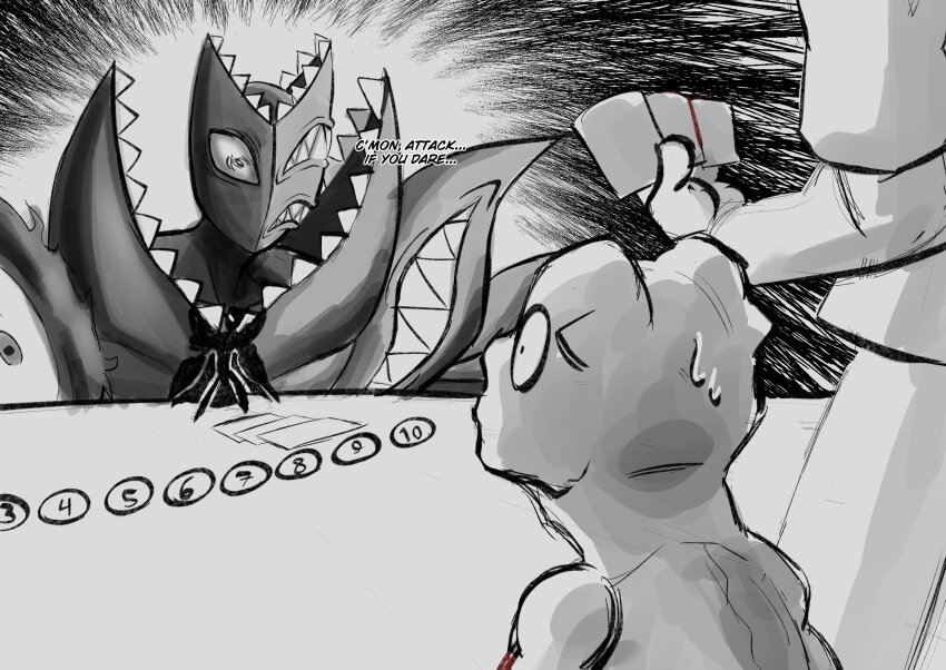 1other abbadomon abbadomon_core agumon capri_(letsseecapri) card digimon digimon_(creature) digimon_card_game extra_mouth gameplay_mechanics greyscale highres holding holding_card menacing monochrome sharp_teeth standing teeth trading_card