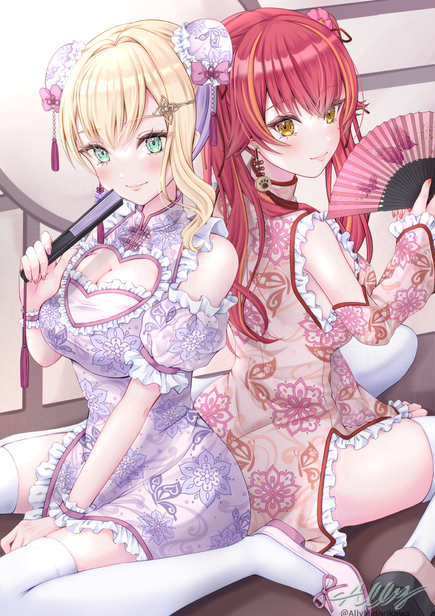 absurdres allymidorikawa bare_shoulders blonde_hair bow breasts bun_cover butterfly_earrings china_dress chinese_clothes cleavage cleavage_cutout clothing_cutout colored_inner_hair double_bun dress earrings flower folded_fan folding_fan frilled_dress frills green_eyes hair_bun hair_flower hair_ornament hairclip hand_fan heart_cutout highres holding holding_fan jewelry kurumi_noah large_breasts long_hair looking_at_viewer medium_hair multicolored_hair nekota_tsuna orange_hair pink_bow pink_nails pink_shoes puffy_short_sleeves puffy_sleeves purple_hair red_hair shoes short_dress short_sleeves side_slit sitting streaked_hair tassel tassel_hair_ornament thighhighs thighs virtual_youtuber vspo! wariza white_thighhighs yellow_eyes
