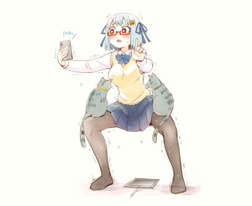 1girl balancing blue_hair blue_ribbon borrowed_character breasts burger_hair_ornament cat cellphone drawing_tablet drunken_master food-themed_hair_ornament full_body hair_ribbon hamburger-chan_(hundredburger) horse_stance kou1 large_breasts miniskirt no_shoes original pantyhose parody phone pleated_skirt red-framed_eyewear red_eyes ribbon school_uniform semi-rimless_eyewear skirt smartphone solo squatting stylus sweat sweater_vest tears trembling under-rim_eyewear