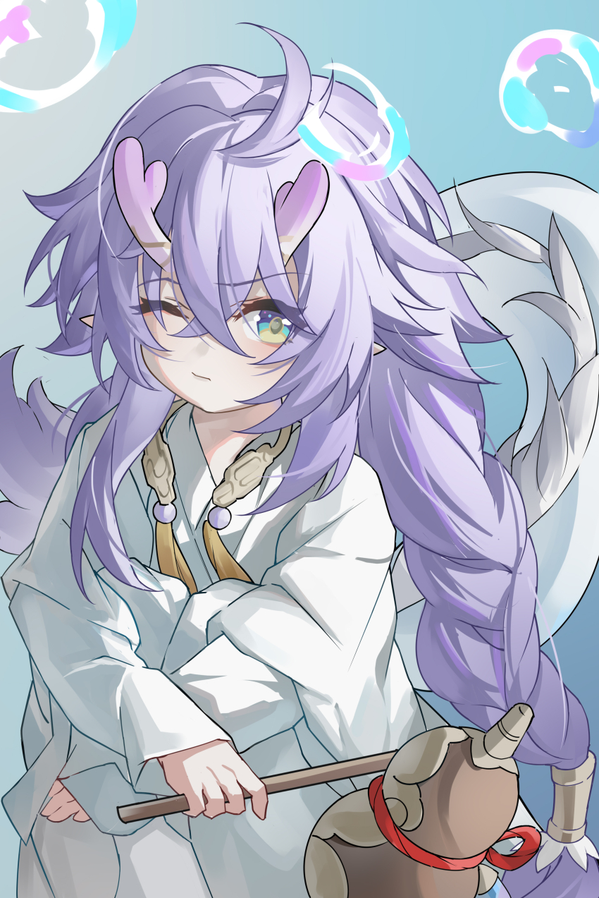 1girl absurdres bailu_(honkai:_star_rail) blue_eyes blush braid breasts crossed_bangs dragon_horns dragon_tail evzeva gourd highres honkai:_star_rail honkai_(series) horns long_hair long_sleeves looking_at_viewer one_eye_closed pointy_ears purple_hair robe sidelocks small_breasts solo tail tassel twin_braids white_robe wide_sleeves