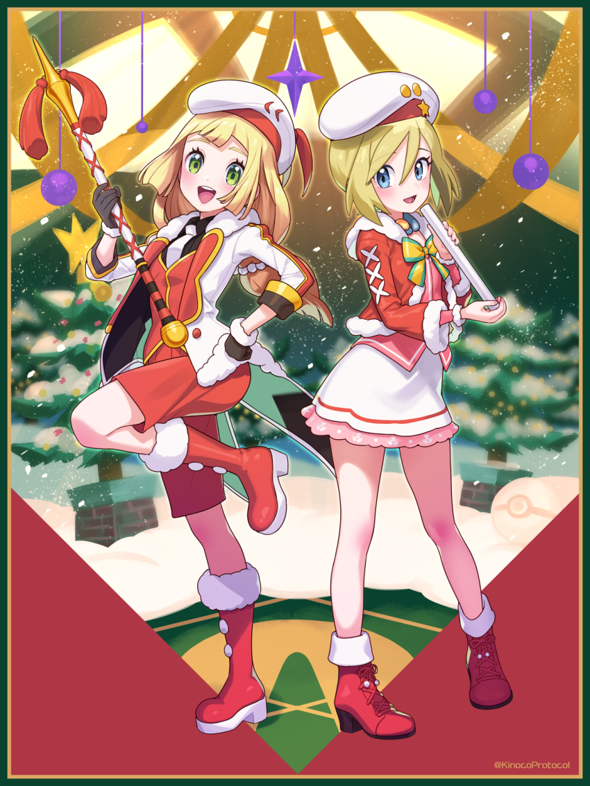 alternate_costume artist_name black_gloves blonde_hair blue_eyes blush boots bugsy_(holiday_2024)_(pokemon) bugsy_(pokemon) bugsy_(pokemon)_(cosplay) commentary_request cosplay dress flute full_body fur_trim gloves green_eyes hat highres holding holding_instrument instrument irida_(pokemon) jacket jewelry kinocopro lillie_(holiday_2024)_(pokemon) lillie_(pokemon) long_hair long_sleeves looking_at_viewer multiple_girls musical_note necktie nintendo official_alternate_costume open_mouth pokemon pokemon_legends:_arceus pokemon_masters_ex recorder red_footwear ribbon shirt short_hair shorts skirt smile twitter_username white_hat