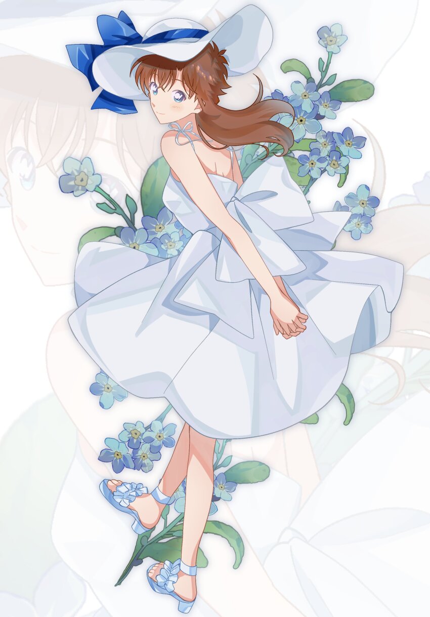 1girl absurdres arms_behind_back blue_eyes blue_flower blue_ribbon brown_hair closed_mouth dress floating_hair flower full_body hat hat_ribbon highres long_hair magic_kaito nakamori_aoko own_hands_together ribbon sandals smile solo standing sun_hat tomoe00022 white_background white_dress white_hat white_sandals zoom_layer