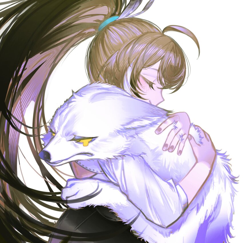1girl absurdres ahoge animal animal_hug black_hair brown_hair closed_mouth commentary_request crying from_side hair_between_eyes high_ponytail highres hololive hololive_english korean_commentary long_hair multicolored_hair nanashi_mumei nanashi_mumei_(1st_costume) ponytail pungson_mori shirt simple_background smile solo streaked_hair three-quarter_sleeves upper_body very_long_hair virtual_youtuber white_background white_hair white_shirt wolf