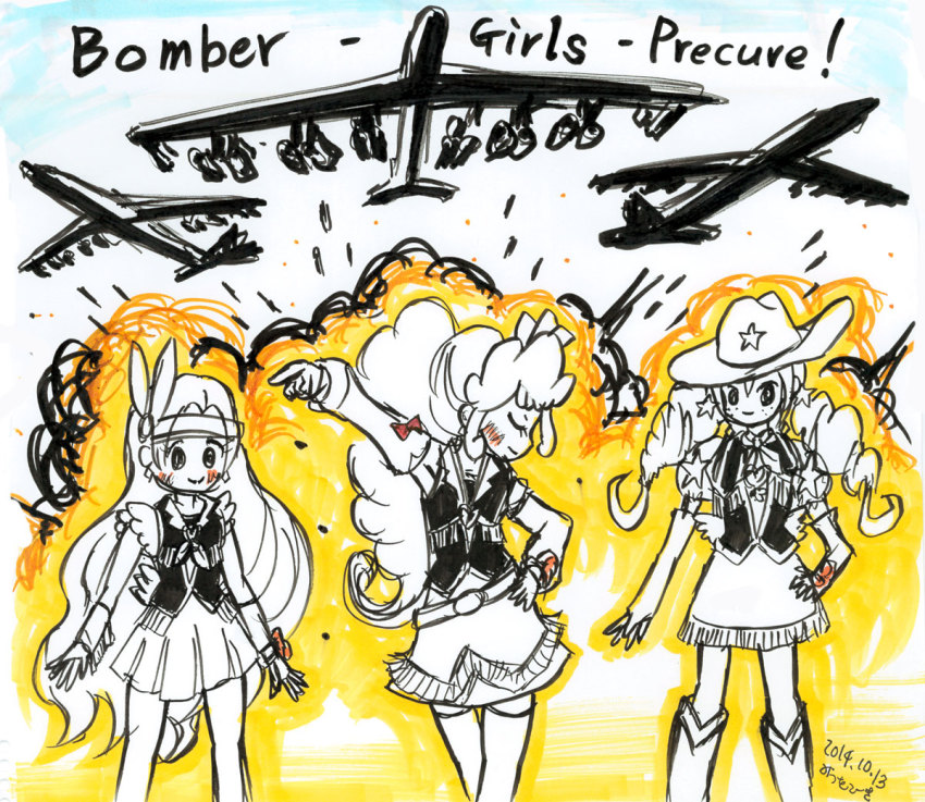 10s 3girls b-52_stratofortress blonde_haired_cure_(bomber_girls_precure)_(happinesscharge_precure!) bomber_girls_precure explosion grey_haired_cure_(bomber_girls_precure)_(happinesscharge_precure!) happinesscharge_precure! heavy_bomber mitsuwo_kouki multiple_girls penetrator_(aircraft) precure red_haired_cure_(bomber_girls_precure)_(happinesscharge_precure!) strategic_bomber tagme
