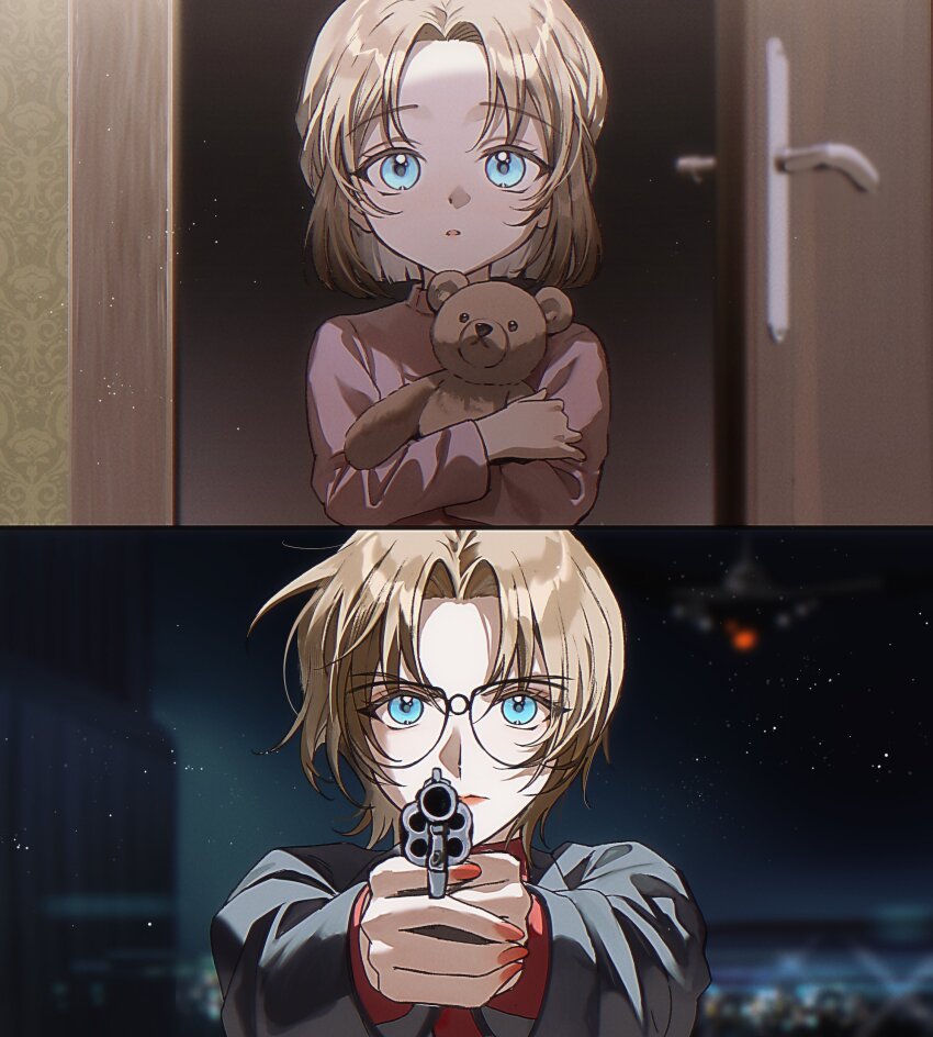 1girl absurdres age_comparison aiming aiming_at_viewer aircraft airplane aqua_eyes blonde_hair blurry blurry_background commentary_request curtained_hair door glasses gun handgun highres holding holding_gun holding_stuffed_toy holding_weapon jodie_starling kuga_huna meitantei_conan nail_polish parted_lips red_nails scene_reference spoilers stuffed_animal stuffed_toy teddy_bear weapon