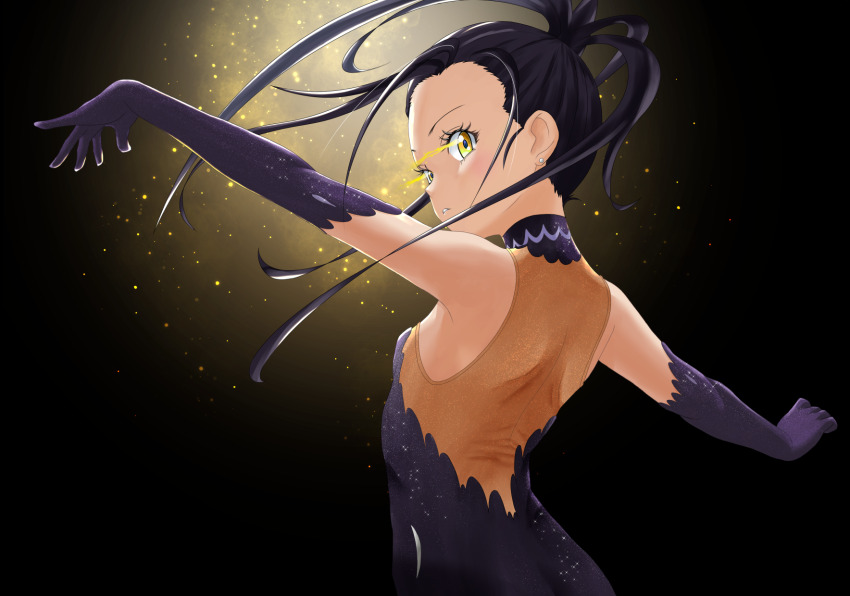 1girl bare_shoulders black_hair blush dress earrings elbow_gloves figure_skating gloves highres jewelry kamisaki_hikaru long_hair medalist_(manga) ponytail solo sparkle the-yuuan-jp yellow_eyes