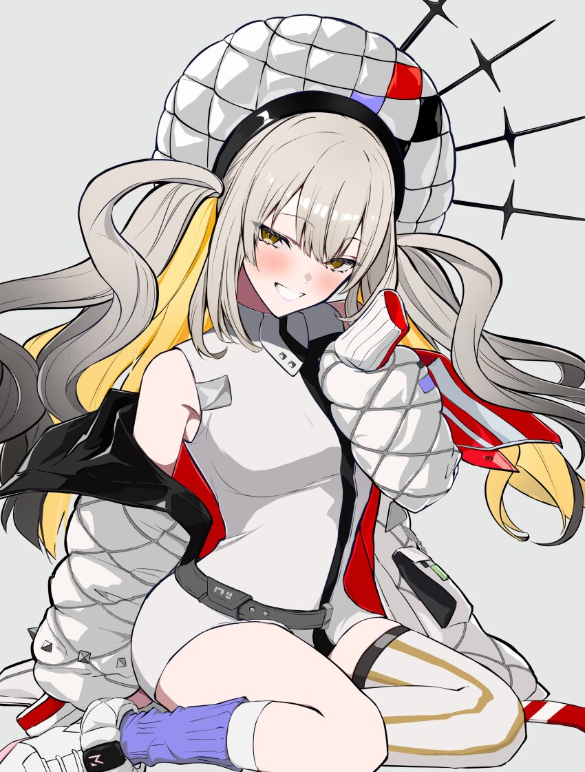 1girl absurdres bare_shoulders blush breasts dress fate/grand_order fate_(series) gradient_hair grey_hair grin hat highres jacket kneehighs long_hair long_sleeves looking_at_viewer marie_antoinette_(fate) marie_antoinette_alter_(fate) marie_antoinette_alter_(first_ascension)_(fate) medium_breasts multicolored_hair off_shoulder open_clothes open_jacket revision shoes short_dress sidelocks single_thighhigh smile sneakers socks solo thighhighs two_side_up uriuriyukitti white_dress white_hair white_hat white_jacket yellow_eyes