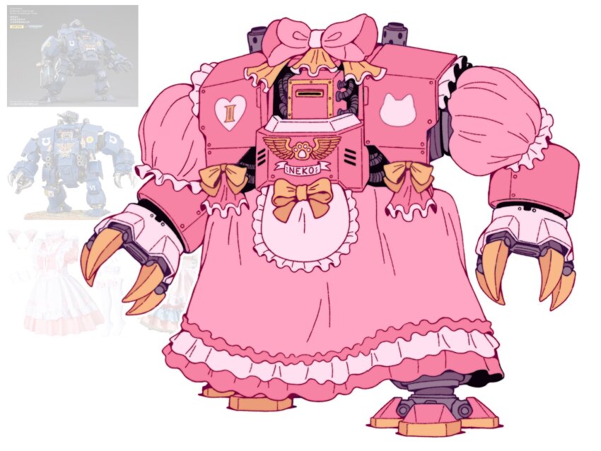 1boy adeptus_astartes apron armor armored_dress cat chumiicham claws dreadnought_(warhammer_40k) dress highres maid maid_apron maid_headdress pink_dress power_armor ribbon warhammer_40k