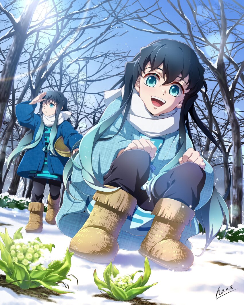 2boys aqua_eyes aqua_hair aqua_jacket black_hair black_pants blue_jacket boots brothers closed_mouth hana_ni_nare highres jacket japanese_clothes kimetsu_no_yaiba long_hair long_sleeves looking_at_viewer male_focus multicolored_hair multiple_boys one_eye_closed open_mouth pants scarf siblings smile snow tokitou_muichirou tokitou_yuichirou tree twins two-tone_hair white_scarf