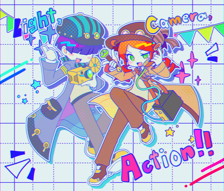 1boy 1girl absurdres alternate_costume andou_ringo blush_stickers brown_footwear brown_pants camera chromatic_aberration coat drill_hair fang green_eyes grey_coat hair_over_eyes highres holding holding_camera holding_phone klug_(puyopuyo) long_hair long_sleeves offbeat open_mouth pants phone purple_hair puyopuyo red_hair short_hair smile twin_drills