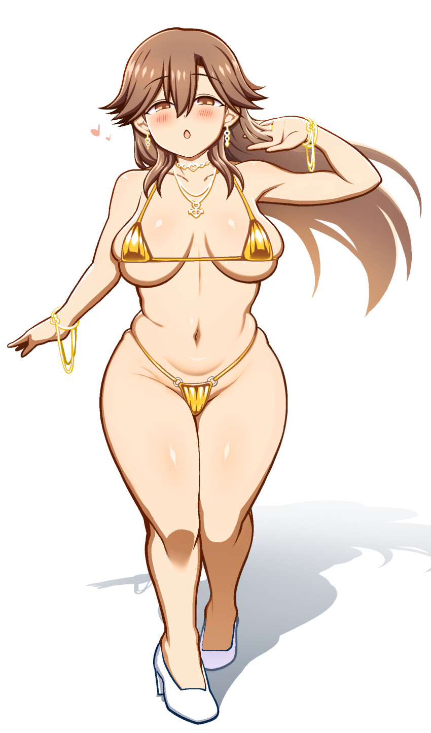 1girl absurdres aged_up alternate_breast_size arashio_(kancolle) bare_shoulders bikini blush breasts brown_eyes brown_hair cameltoe commentary full_body gold_bikini golden_week heart high_heels highres jewelry kantai_collection large_breasts looking_at_viewer micro_bikini navel richou_(zerozero1101) satin_bikini shiny_swimsuit solo stomach string_bikini swimsuit white_background