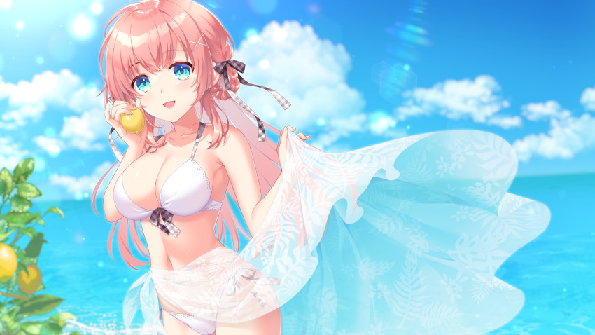 1girl :d absurdres alpha_(yukai_na_nakamatachi) bikini blue_eyes blue_sky blurry blurry_background braid breasts cleavage cloud collarbone day food front-tie_bikini_top front-tie_top fruit hair_ornament hair_ribbon highres holding holding_food holding_fruit lemon long_hair medium_breasts navel ocean open_mouth original outdoors paid_reward_available pink_hair plaid_ribbon ribbon sarong side-tie_bikini_bottom sidelocks sky smile solo standing stomach summer swimsuit very_long_hair white_bikini x_hair_ornament