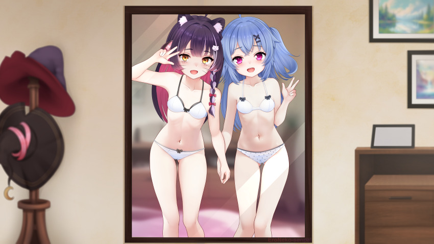 2girls absurdres animal_ear_fluff animal_ears artist_name blue_hair blush blush_stickers bra breasts carpet chiaki_katsumi commission drawer eroneko_senpai hair_ornament hairclip hat highres holding_hands indoors mirror multiple_girls open_mouth panties photo_(object) pink_eyes pixellink polka_dot polka_dot_panties purple_hair raki_kazuki ribbon small_breasts thighs underwear underwear_only v virtual_youtuber wall whiskers white_bra white_panties wings witch_hat yellow_eyes