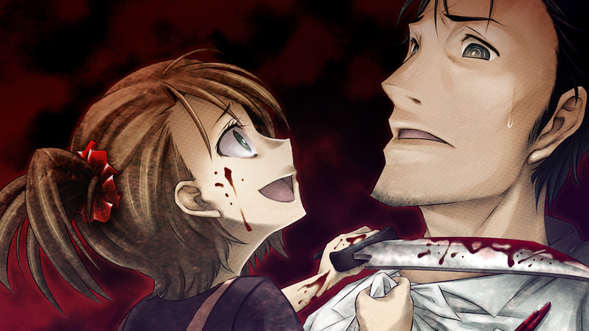 1boy 1girl adam&#039;s_apple aqua_eyes at_knifepoint beard_stubble black_hair blade_to_throat blood blood_on_face blood_on_hands bloody_knife blouse blue_eyes breast_pocket brown_hair brown_pants child clothes_grab coat collar_grab collarbone constricted_pupils crazy crazy_smile dress eye_contact facial_hair from_side frown game_cg grey_eyes hair_tie height_difference highres holding holding_knife hostage huke knife lab_coat lapels long_sleeves looking_at_another messy_hair neckwear_grab nervous_sweating non-web_source notched_lapels object_in_pocket official_art okabe_rintarou open_mouth pants pen_in_pocket pinafore_dress pink_dress pocket purple_shirt red_background ringed_eyes shirt short_sleeves short_twintails sleeveless sleeveless_dress smile square_pupils steins;gate stubble sweat sweatdrop t-shirt tennouji_nae threat tongue twintails white_coat white_shirt wide-eyed worried yandere