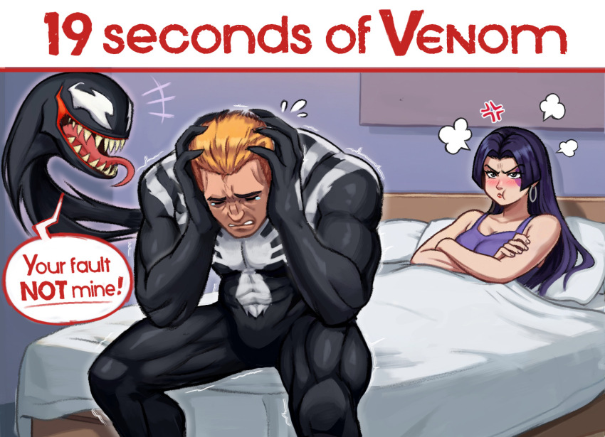 1boy 1girl angry bed blonde_hair blush breasts eddie_brock highres long_tongue marvel marvel_rivals monster_boy neggoartz open_mouth psylocke sexually_suggestive sharp_teeth slime_boy spider-man_(series) symbiote tears teeth tongue tongue_out venom_(marvel) x-men