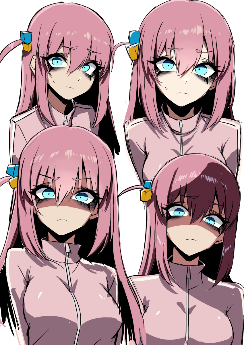 1girl absurdres aqua_eyes arms_at_sides bocchi_the_rock! breasts closed_mouth commentary cube_hair_ornament disgust gotoh_hitori hair_between_eyes hair_ornament highres j.k._(style) jacket large_breasts long_hair looking_at_viewer nagainegi one_side_up pink_hair pink_jacket shaded_face simple_background solo_focus sweatdrop upper_body white_background