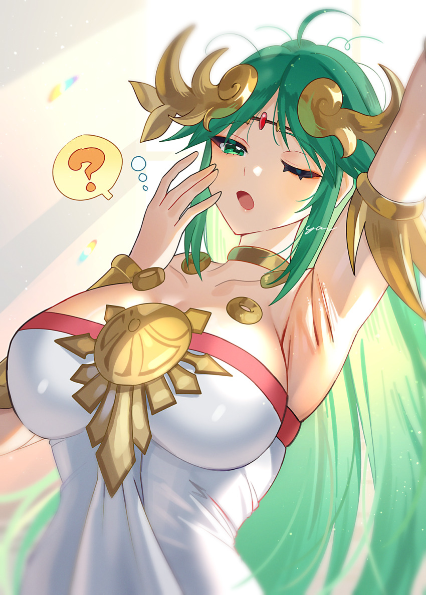 1girl ? ancient_greek_clothes arm_up armlet armpits bare_shoulders blush breasts chain chiton circlet cleavage commentary_request dress forehead_jewel gold_chain greco-roman_clothes green_eyes green_hair hand_up highres jewelry kid_icarus kid_icarus_uprising large_breasts long_hair messy_hair neck_ring nintendo one_eye_closed open_clothes open_mouth palutena pendant solo spoken_question_mark squeans tiara upper_body vambraces very_long_hair yasaikakiage yawning