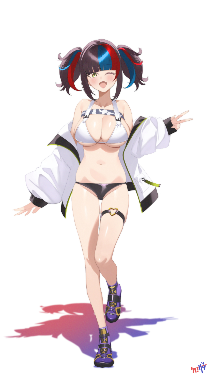 1girl absurdres bare_shoulders bikini black_hair black_shorts blue_hair blush breasts cleavage fate/grand_order fate_(series) full_body highres jacket kurozawa_yui large_breasts long_hair long_sleeves looking_at_viewer multicolored_hair navel off_shoulder one_eye_closed open_clothes open_jacket open_mouth red_hair sei_shounagon_(fate) sei_shounagon_(swimsuit_berserker)_(first_ascension)_(fate) shoes short_shorts shorts sidelocks smile sneakers solo swimsuit thigh_strap twintails white_bikini white_jacket yellow_eyes
