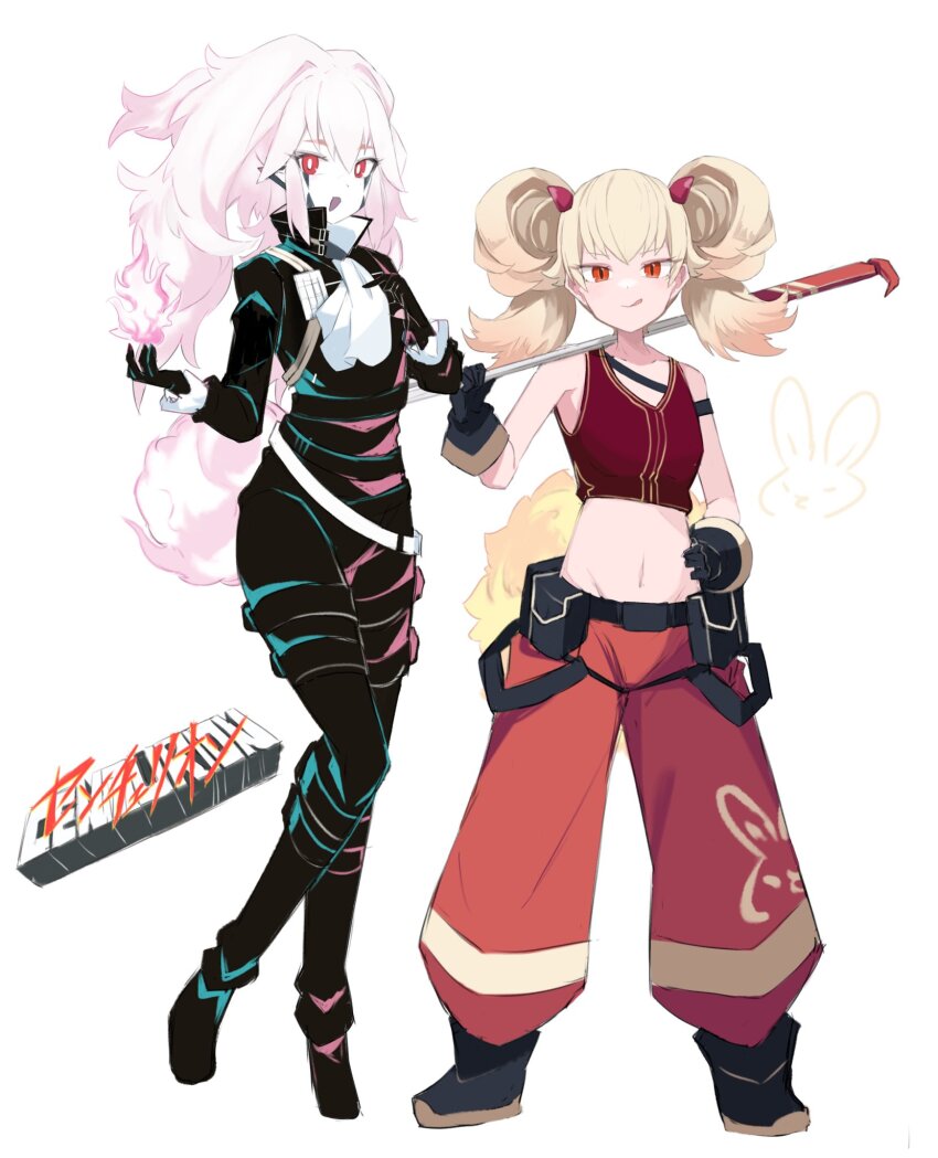 2girls alternate_costume baggy_pants bare_shoulders blonde_hair bright_pupils centur-ion_primera centur-ion_trudea cosplay crop_top crossdressing duel_monster galo_thymos galo_thymos_(cosplay) gloves hand_on_own_hip highres holding jumpsuit licking_lips lio_fotia lio_fotia_(cosplay) long_hair midriff multiple_girls open_mouth pants parody pink_hair popped_collar promare red_eyes sakuragi_raia skirt stomach tongue tongue_out white_pupils white_skirt yu-gi-oh!