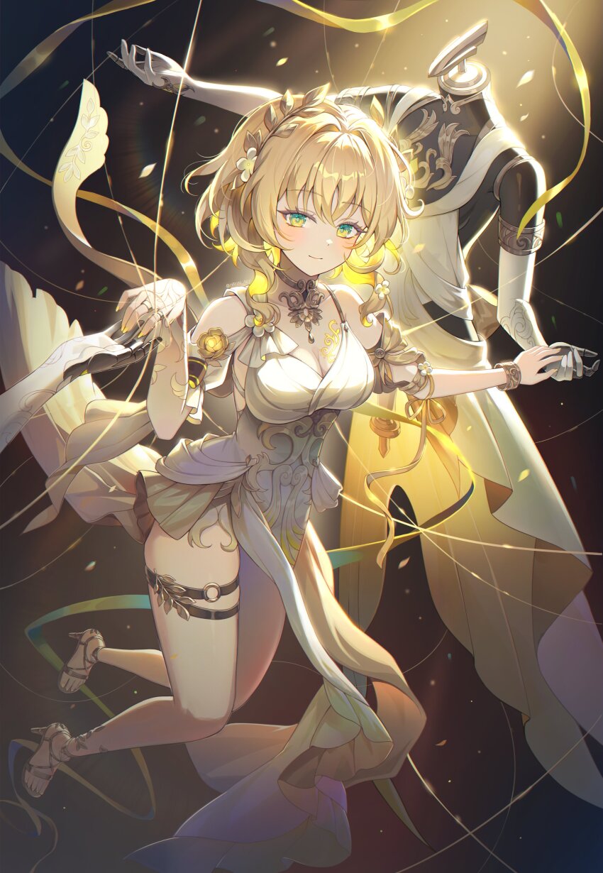 1girl absurdres aglaea_(honkai:_star_rail) ancient_greek_clothes bare_shoulders blonde_hair breasts cleavage closed_mouth clothing_cutout dress gold_tattoo greco-roman_clothes hayun high_heels highres honkai:_star_rail honkai_(series) laurel_crown looking_at_viewer mannequin sandals short_hair shoulder_cutout solo thigh_strap thighs thread white_dress yellow_nails