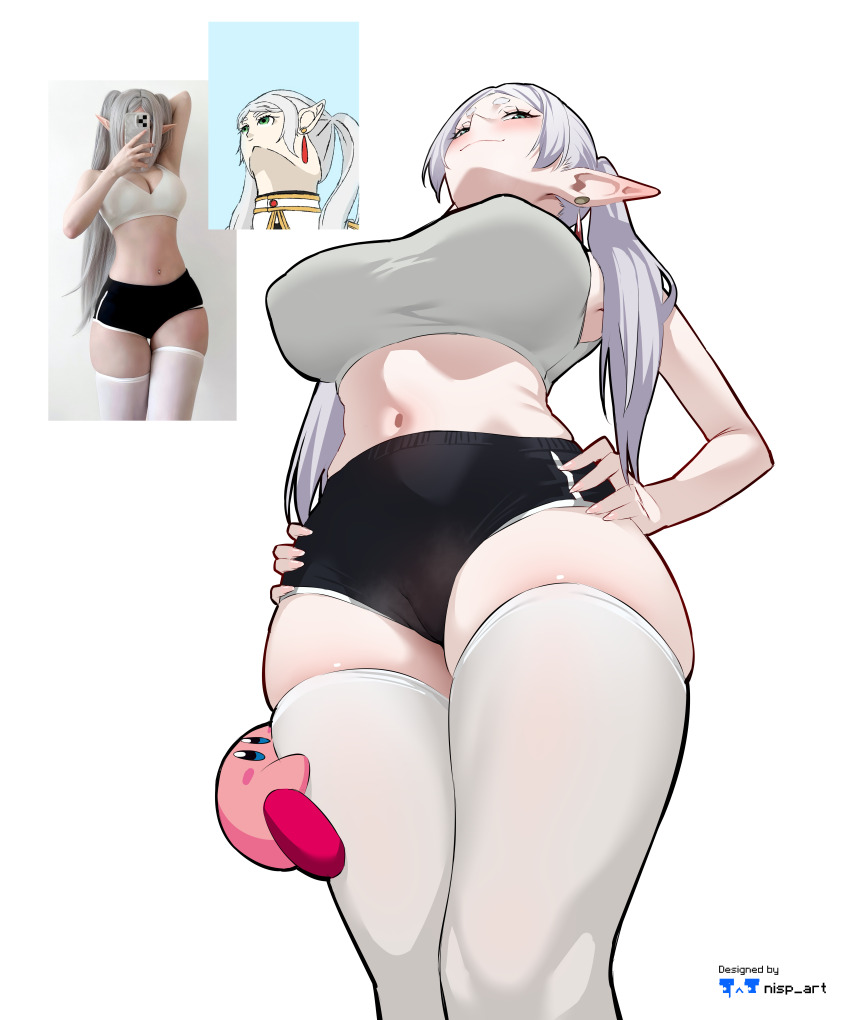 1girl absurdres alternate_breast_size_(larger) artist_name black_shorts blush bra breasts commentary cowboy_shot earrings elf english_commentary frieren from_below green_eyes grey_hair hair_over_shoulder hands_on_own_hips head_back highres jewelry kirby kirby_(series) large_breasts long_hair long_pointy_ears meme naughty_face navel nintendo nisp_art parted_bangs photo-referenced pointy_ears reference_inset shorts simple_background smile solo sousou_no_frieren standing teardrop_earrings thick_eyebrows thighhighs thighs twintails underwear upward_angle_frieren_drawing_(meme) white_background white_bra white_thighhighs